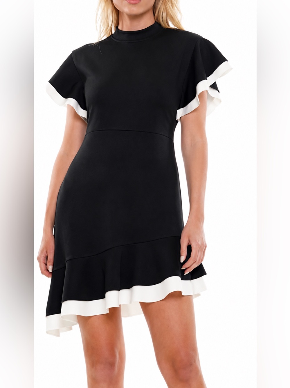 WHY Black And White Asymmetrical Ruffle Mini Dress